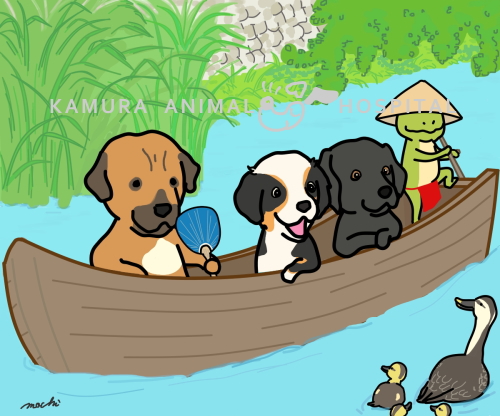 犬の川下り むさしくん 恋次郎ちゃん のんちゃんのゆったり川遊び かむら動物病院イラストblog